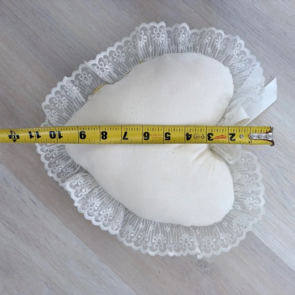 Vintage Heart Shaped Decorative Pillow Blue Floral Lace Trim Cream Ribbon Bow
